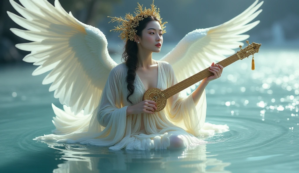 A goddess named Kinnara, half woman and half bird, floating under the waters of an almost frozen river, as if he had just come out of the water. Playing his golden heavenly stringed instrument. Emphasizing its bird characteristics, with discreet wings and a crown of swan wings. She has her legs completely exposed through the dress. The scene is almost frozen, and she is in the foreground. In a very dramatic oriental aesthetic.