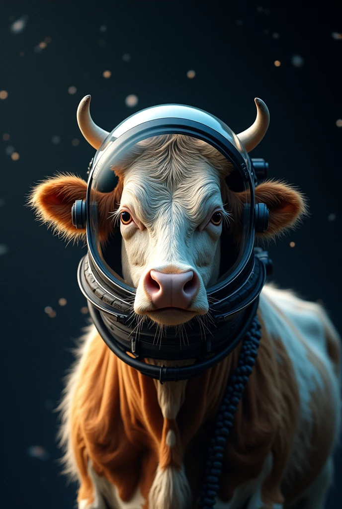 Image of a cow in space with an astronaut helmet 