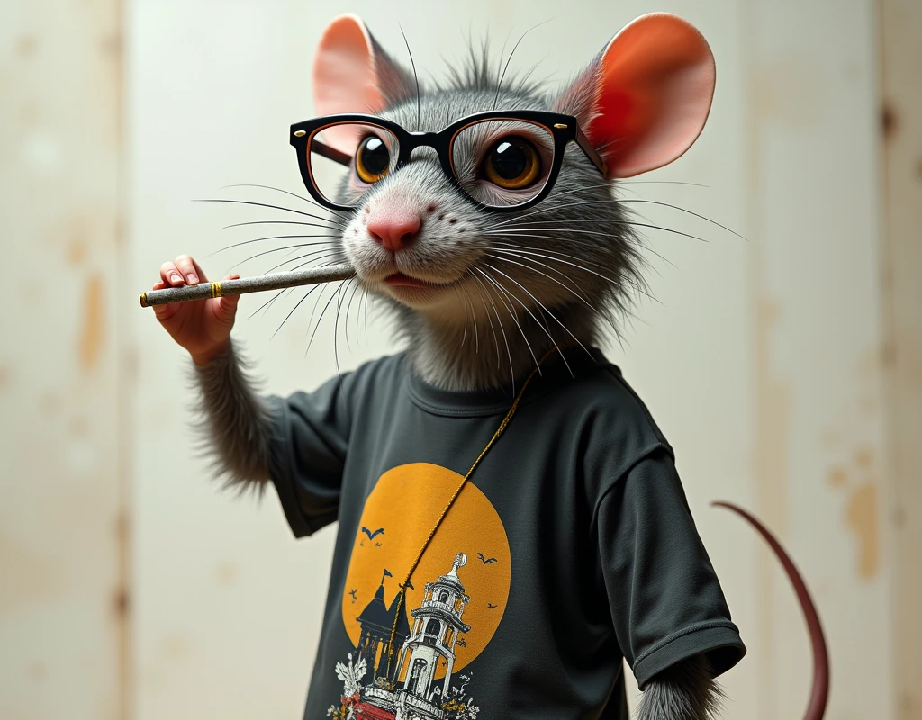 Rat wearing trap style clothes juliet glasses smoking cannabis shirt print