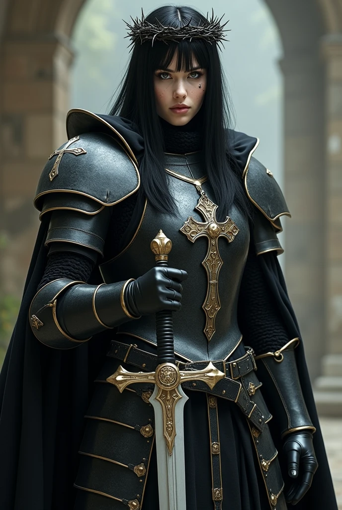 He wears black medieval knight armor with the emblem of the "black inquisition", wears a silver necklace with a blessed silver crucifix ,Medium straight black hair with a crown of black and gold thorns, Sharp and deep green eyes without feelings, stomach 1.90 high, porcelain white skin, curvy and voluptuous but athletic body, He is strong and his muscles are marked as well as his hard abdomen., has scars on his body, He has a long medieval double-edged sword made of silver and with religious symbols as a design, She has black eyeliner and black shadows, He carries on his side a black bible with fire spells, rays and saints, and prayers and prayers
