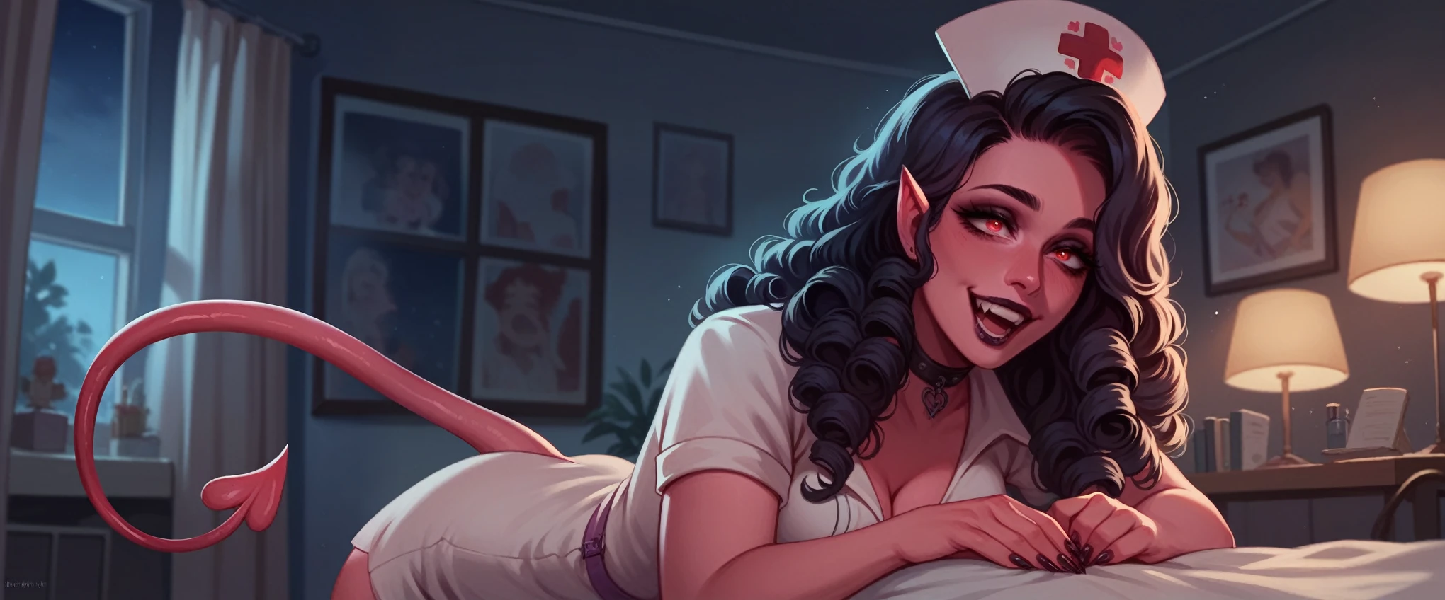 ((Mommy)), Excited, ((Curly Long Hair)), ((Demon Girl)), Sexy, ((Succubus)), Goth, Submissive, Nurse, Romantic, Room, Night, HD, High Resolution, 4K