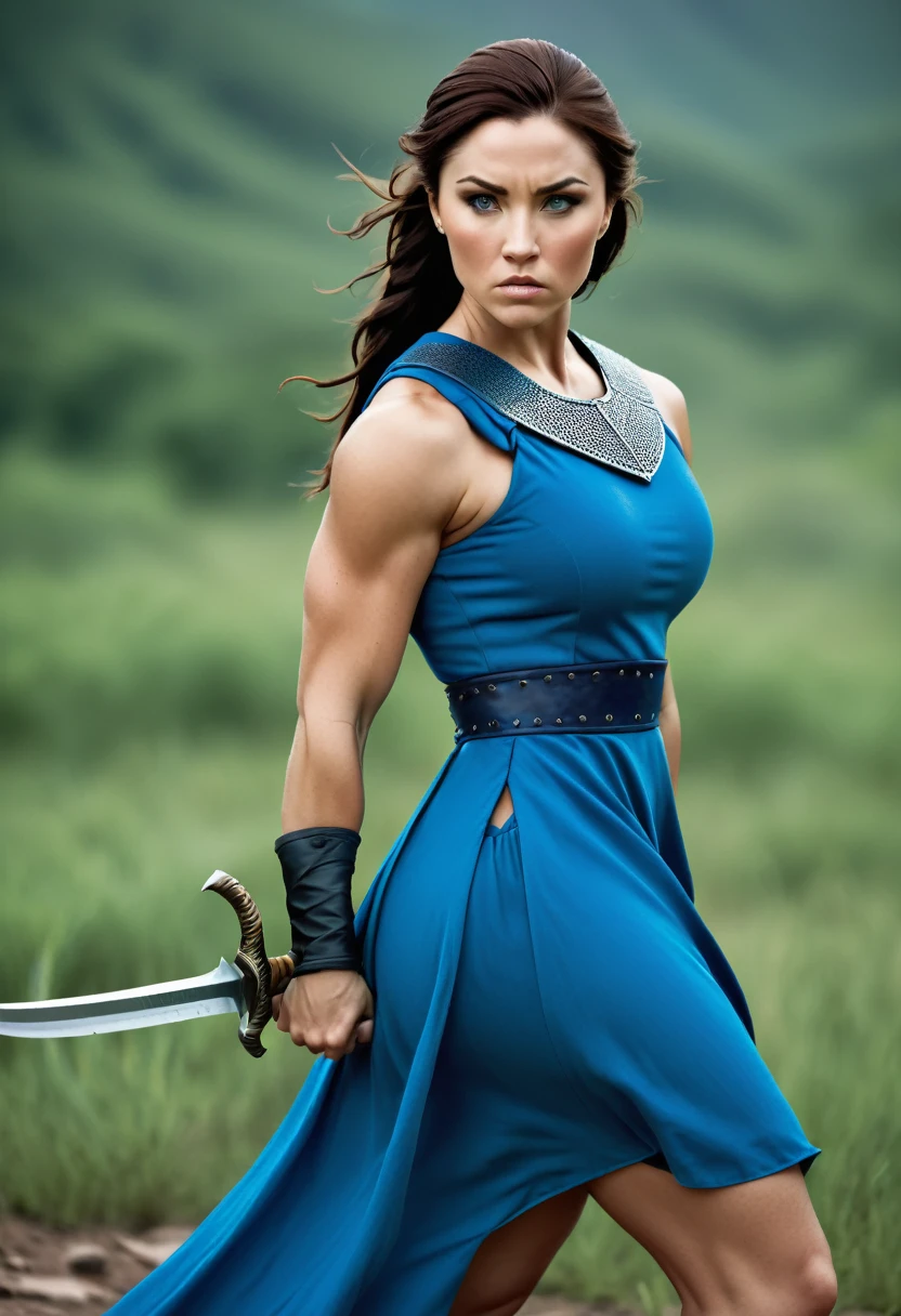 A determined and strong warrior, a beautiful savage in a modest blue dress
