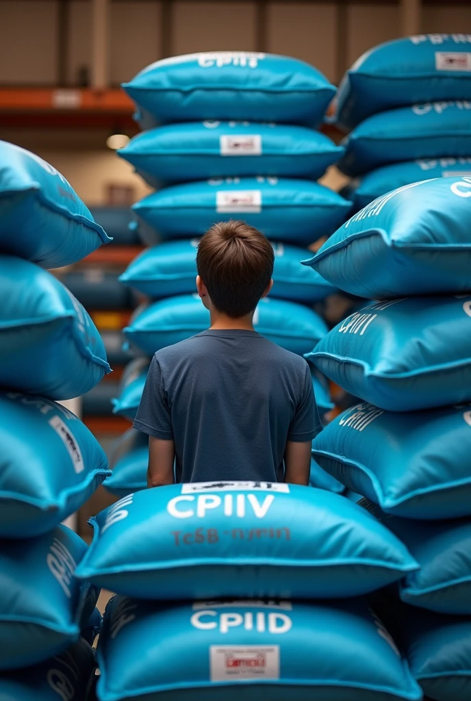 person trying to choose between different bags of CPI cement, CPII, CPIII, CPIV and CPV with predominant colors in blue 