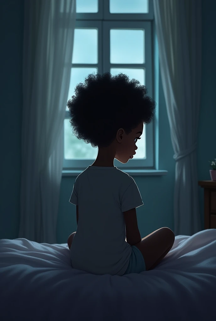 Make an image of a girl sitting on the bed with a window in the background with the curtain open with a small light. Put the title and the subtitle. The title is Shadows of Absence and the subtitle is Cristina&#39;s Journey. She is a black woman with short curly hair, 7 years old. With the light from the window weaker, I want it to be at night.