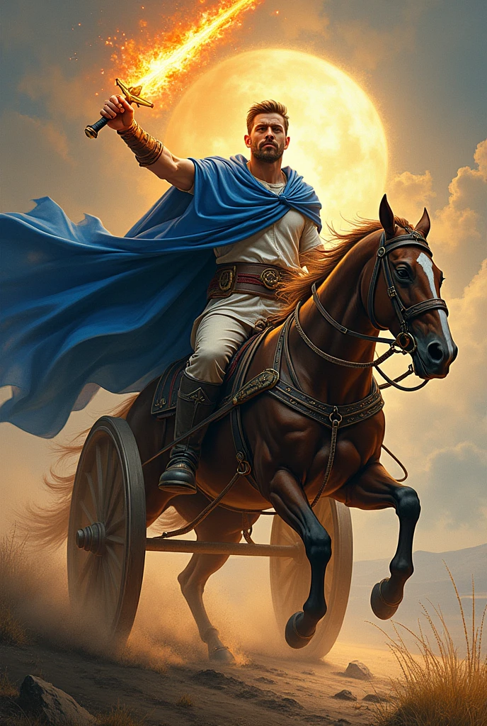 Rider tarot card representing the chariot pulled by 2 horses and a male rider with a blue cape and a fire sword held in his right hand and determinedly moving forward.
