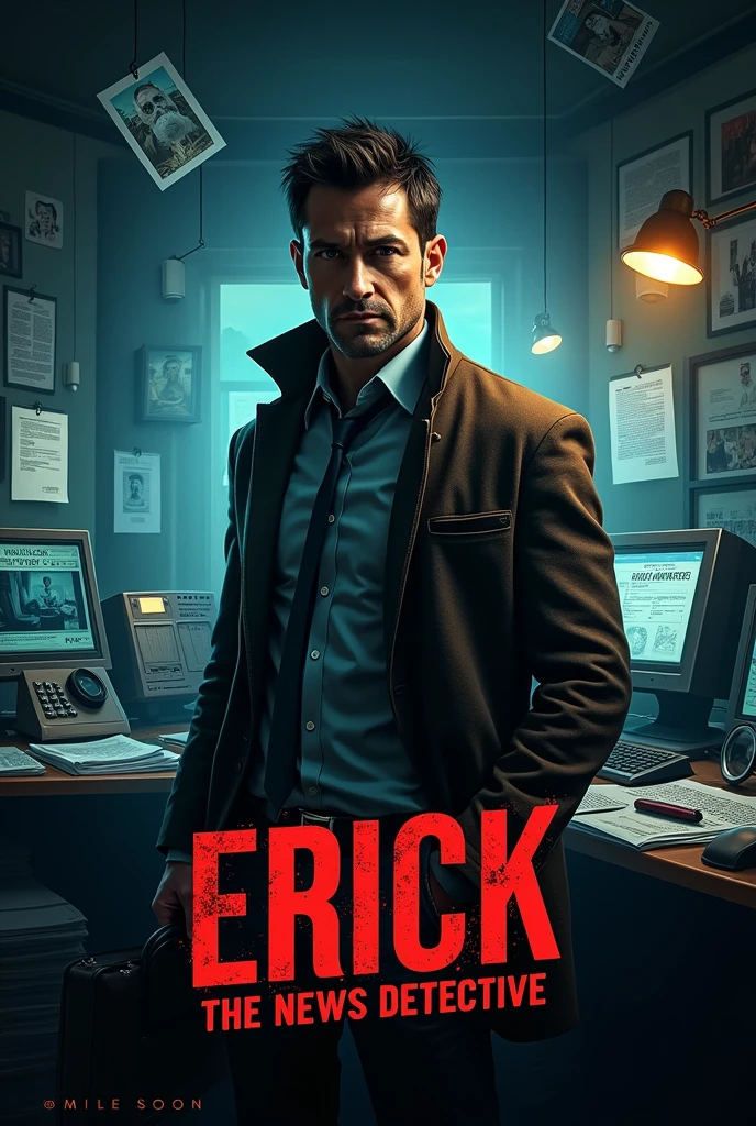 A movie cover called Erick the news detective. Where you can see a detective and elements of journalism. Put a text that says "Coming soon"