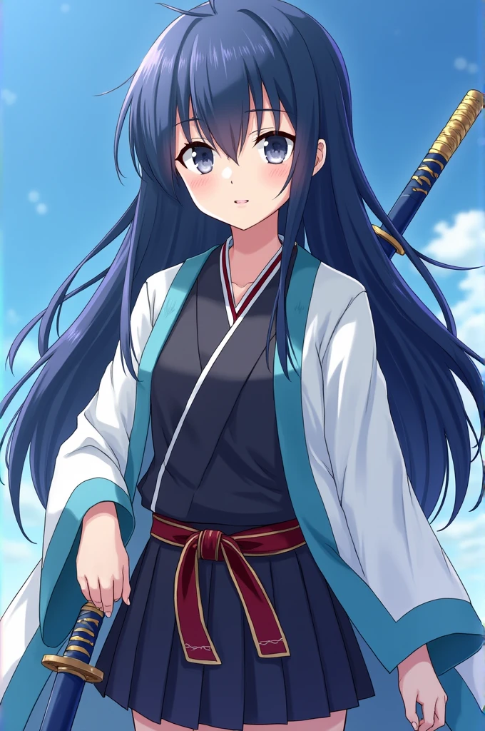 Kimetsu No Yaiba style anime girl with big gray eyes and long, straight navy blue hair. with a uniform of the demon hunting guild, a katana with a blue handle and a white haori with light blue edges