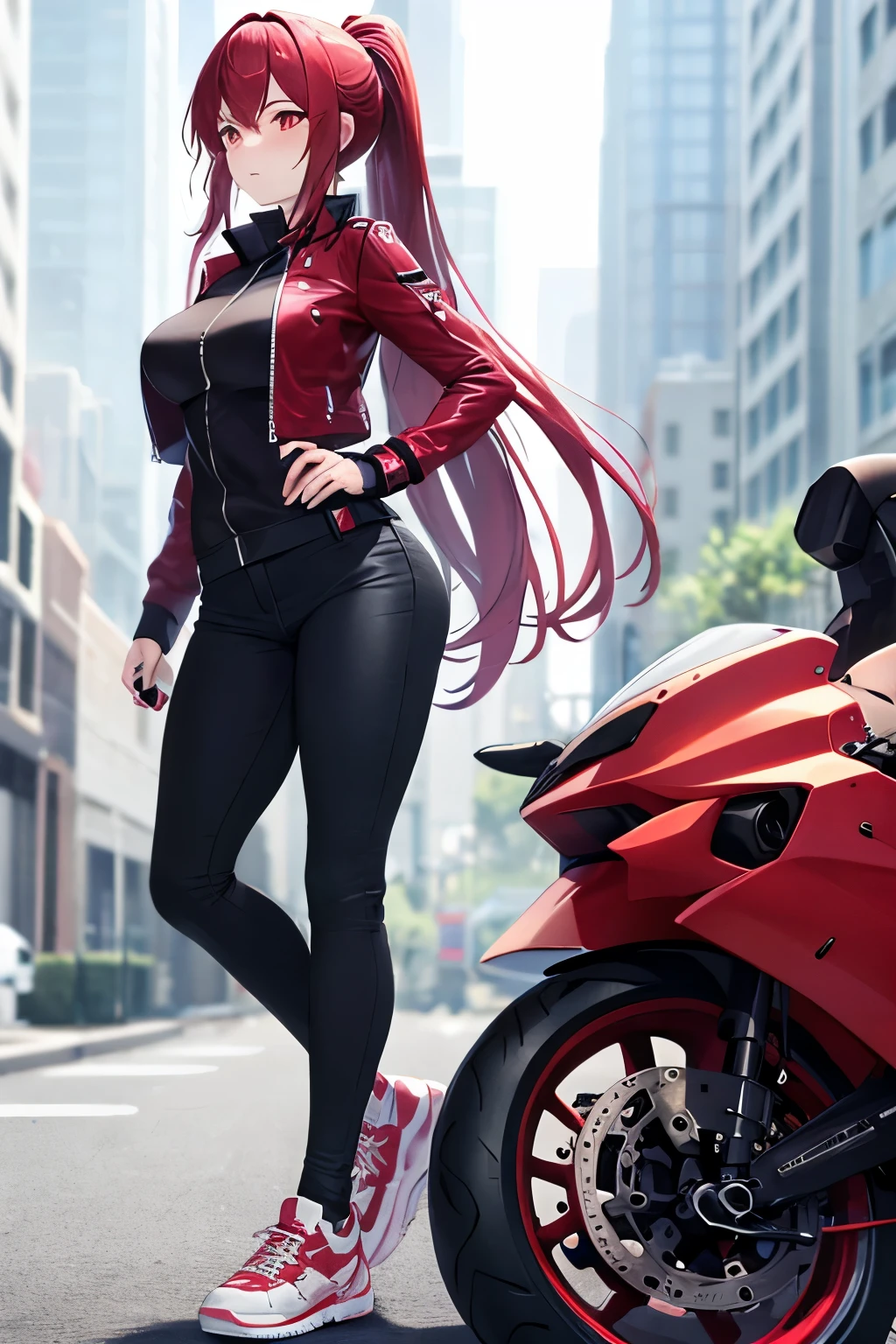 (masterpiece), best quality, BREAK, expressive eyes, (perfect face), 1girl, BREAK,( very long hair, red hair, ponytail), BREAK, (red eyes, agressive eyes, detailed eyes), BREAK, (sad expression), BREAK, (very tall height), (skinny build), BREAK, (leather motocycle jacket), BREAK, (black pants), BREAK, (sneakers), BREAK, (downtown), BREAK, (standing), (sideview)