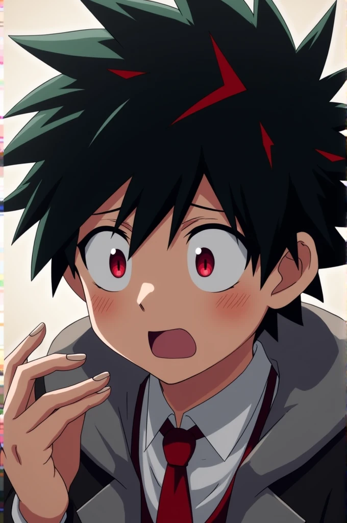 Boku my hero academia background Young black hair and red streaks ,big round red eyes with a grey jacket and red tie looking at the nail in a fearful way