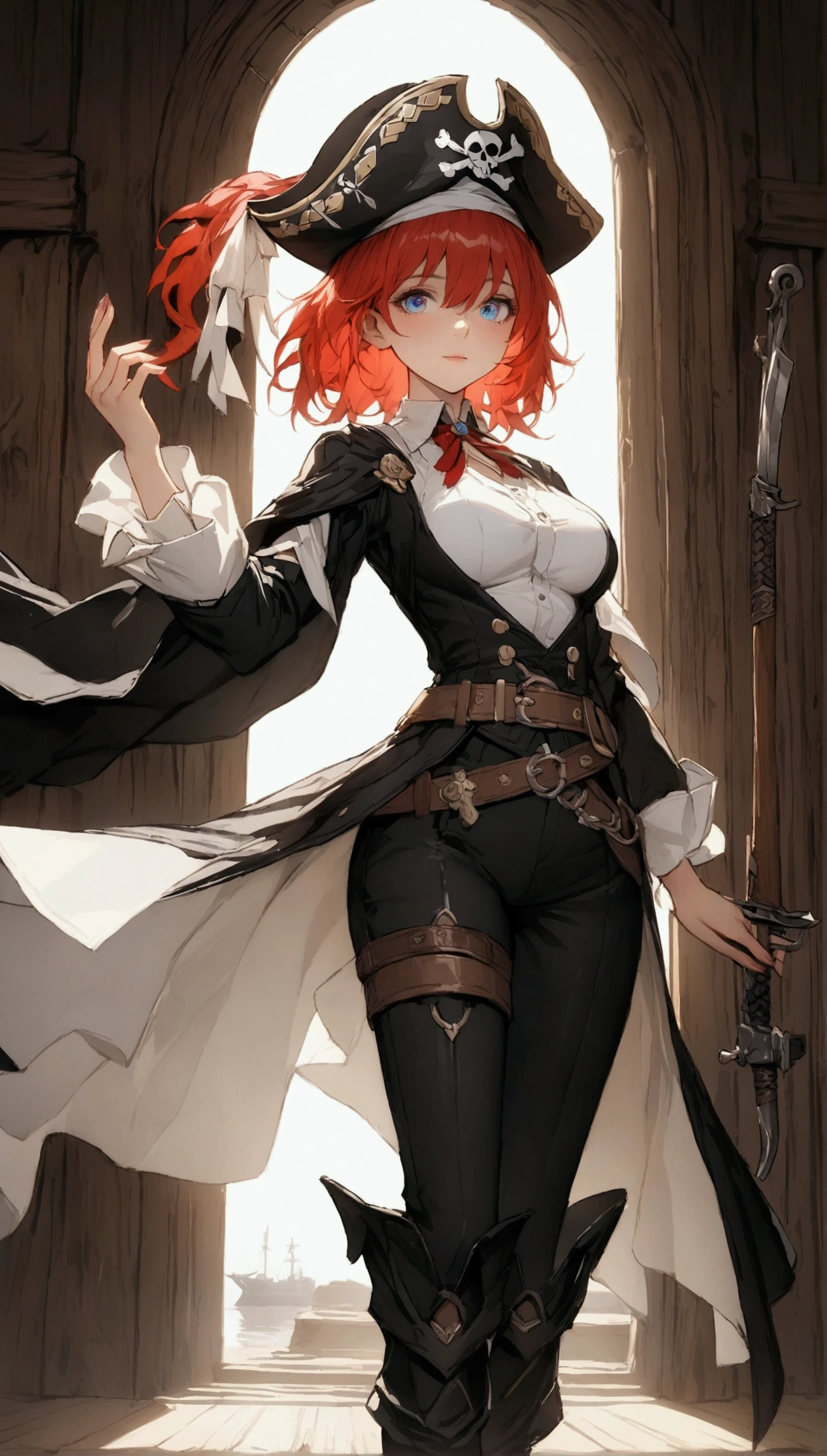(Masterpiece. The best quality. 8K. Sharp focus. Depth of field, The best shadows. Perfect lighting. HDR. Realistic skin texture. Ultra-detailed background. Detailing). Anime style. Honkai: Star Rail. March 7. 1 girl. Fiery red hair, short hair. Azure blue eyes, beautiful eyes, beautiful eyes, expressive eyes. Beautiful nose, perfect facial features. Perfect anatomical body, slender figure, second size breasts, beautiful breasts, thin waist, rounded hips, beautiful long legs. Pirate hat, white blouse, pirate pants, Uniform cloak, shoulder straps with the Jolly Roger, knee-length boots, wide belt at the waist. Right hand. Saber. Left hand. Musket Feet shoulder-width apart. Stands at full height. Concept art. White wallpaper. Looking at the viewer. Full height. Full body.
