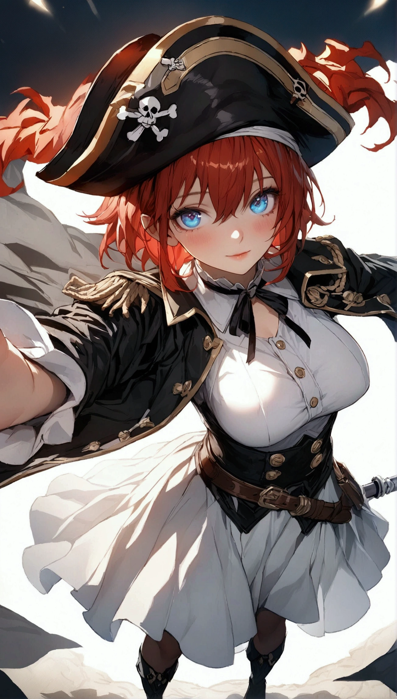(Masterpiece. The best quality. 8K. Sharp focus. Depth of field, The best shadows. Perfect lighting. HDR. Realistic skin texture. Ultra-detailed background. Detailing). Anime style. Honkai: Star Rail. March 7. 1 girl. Fiery red hair, short hair. Azure blue eyes, beautiful eyes, beautiful eyes, expressive eyes. Beautiful nose, perfect facial features. Perfect anatomical body, slender figure, second size breasts, beautiful breasts, thin waist, rounded hips, beautiful long legs. Pirate hat, white blouse, pirate pants, Uniform cloak, shoulder straps with the Jolly Roger, knee-length boots, wide belt at the waist. Right hand. Saber. Left hand. Musket Feet shoulder-width apart. Stands at full height. Concept art. White wallpaper. Looking at the viewer. Full height. Full body.
