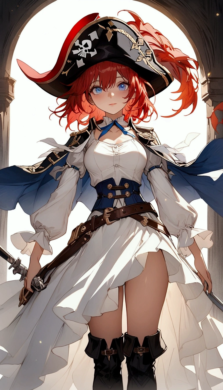 (Masterpiece. The best quality. 8K. Sharp focus. Depth of field, The best shadows. Perfect lighting. HDR. Realistic skin texture. Ultra-detailed background. Detailing). Anime style. Honkai: Star Rail. March 7. 1 girl. Fiery red hair, short hair. Azure blue eyes, beautiful eyes, beautiful eyes, expressive eyes. Beautiful nose, perfect facial features. Perfect anatomical body, slender figure, second size breasts, beautiful breasts, thin waist, rounded hips, beautiful long legs. Pirate hat, white blouse, pirate pants, Uniform cloak, shoulder straps with the Jolly Roger, knee-length boots, wide belt at the waist. Right hand. Saber. Left hand. Musket Feet shoulder-width apart. Stands at full height. Concept art. White wallpaper. Looking at the viewer. Full height. Full body.