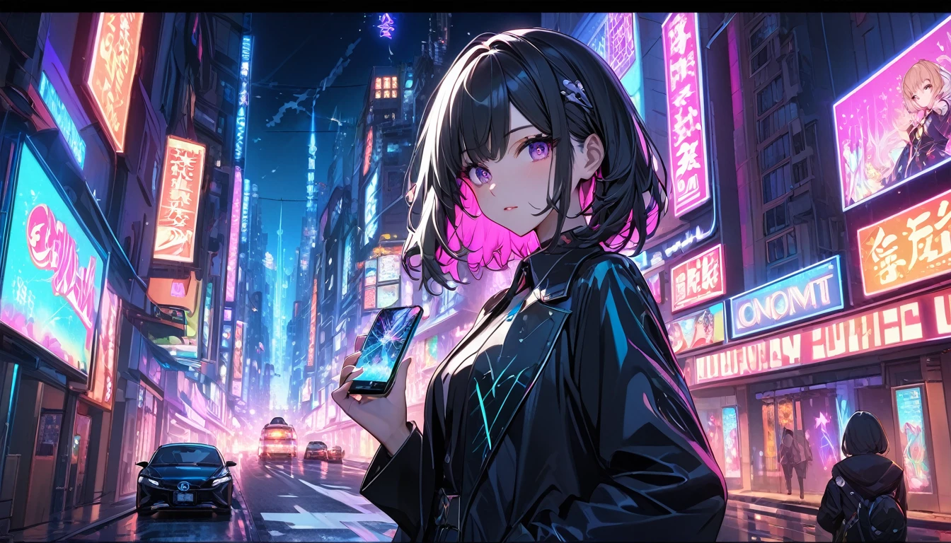 **240. One person。The Urban Magician。Neon-lit cityscape at night。Medium shot or close up。
masterpiece, best quality, ultra detailed (Detailed fingers), (Emotional), (Breathtakingly beautiful),
(main part: 1.2 Whole body。), (Anime Style), (Very detailed), (modern magic),
(超High resolution, High resolution), (8k), (High resolution: 1.2), (Complex and beautiful: 1.2)**
- background: Colorful neon lights flashing in the city at night、Car driving between buildings。
- magician: Girl in a stylish suit、Create magic from your smartphone。
-pose: Hold up your smartphone in one hand、The moment the spell is cast。
-expression: Cool and confident look、A fusion of modern technology and magic。
- Effects: The light emitted from the smartphone、Magical effects that brighten up the cityscape。
-color: Neon in a variety of colors、The contrast between the city night view and magical lights。