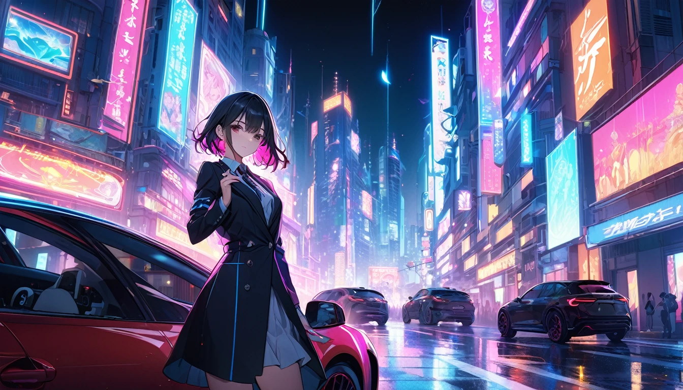 **240. One person。The Urban Magician。Neon-lit cityscape at night。Medium shot or close up。
masterpiece, best quality, ultra detailed (Detailed fingers), (Emotional), (Breathtakingly beautiful),
(main part: 1.2 Whole body。), (Anime Style), (Very detailed), (modern magic),
(超High resolution, High resolution), (8k), (High resolution: 1.2), (Complex and beautiful: 1.2)**
- background: Colorful neon lights flashing in the city at night、Car driving between buildings。
- magician: Girl in a stylish suit、Create magic from your smartphone。
-pose: Hold up your smartphone in one hand、The moment the spell is cast。
-expression: Cool and confident look、A fusion of modern technology and magic。
- Effects: The light emitted from the smartphone、Magical effects that brighten up the cityscape。
-color: Neon in a variety of colors、The contrast between the city night view and magical lights。