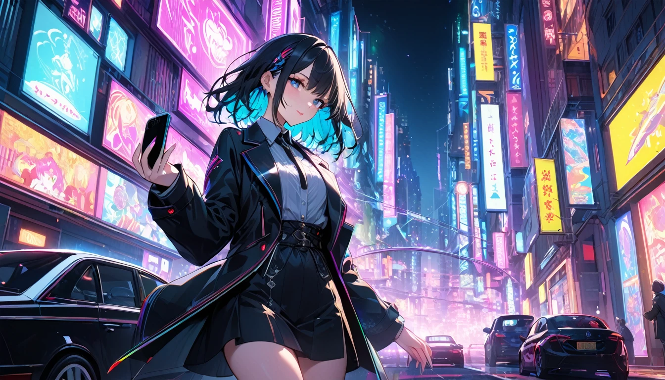 **240. One person。The Urban Magician。Neon-lit cityscape at night。Medium shot or close up。
masterpiece, best quality, ultra detailed (Detailed fingers), (Emotional), (Breathtakingly beautiful),
(main part: 1.2 Whole body。), (Anime Style), (Very detailed), (modern magic),
(超High resolution, High resolution), (8k), (High resolution: 1.2), (Complex and beautiful: 1.2)**
- background: Colorful neon lights flashing in the city at night、Car driving between buildings。
- magician: Girl in a stylish suit、Create magic from your smartphone。
-pose: Hold up your smartphone in one hand、The moment the spell is cast。
-expression: Cool and confident look、A fusion of modern technology and magic。
- Effects: The light emitted from the smartphone、Magical effects that brighten up the cityscape。
-color: Neon in a variety of colors、The contrast between the city night view and magical lights。