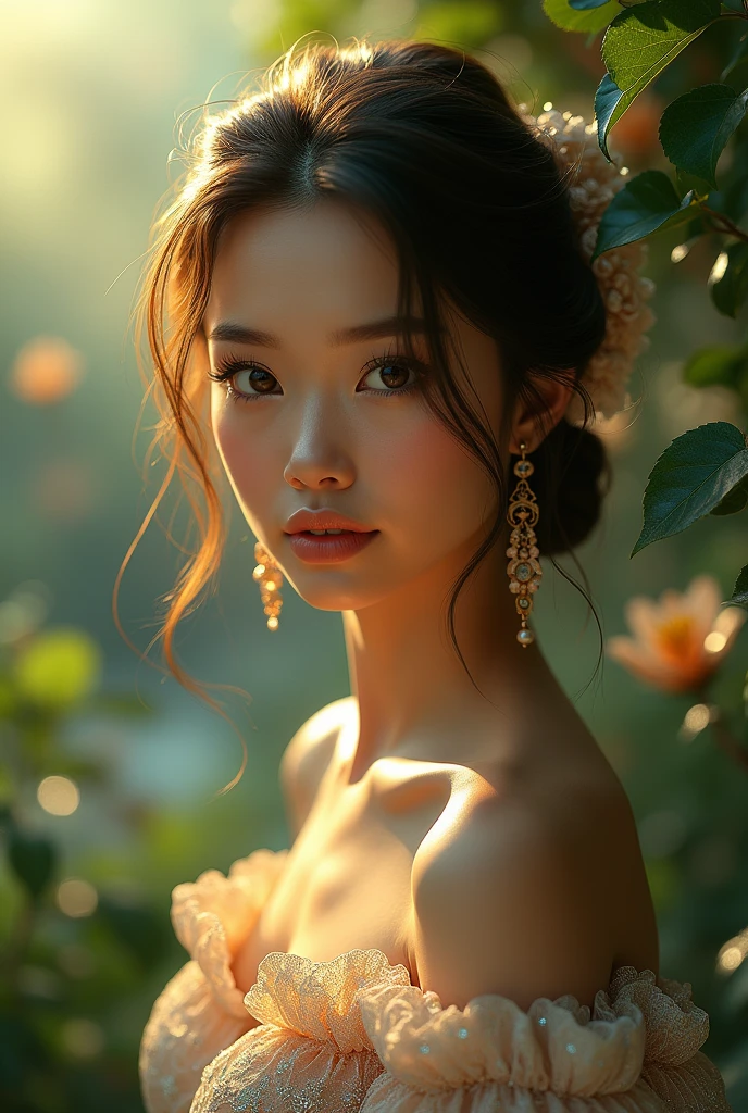 a young woman in a serene garden, beautiful detailed eyes, beautiful detailed lips, extremely detailed eyes and face, long eyelashes, elegant ornate dress, cinematic lighting, intricate floral patterns, lush greenery, golden hour lighting, cinematic atmosphere, mist, dreamlike, photorealistic, 8k, high resolution, masterpiece