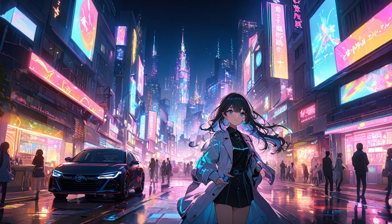 **240. One person。The Urban Magician。Neon-lit cityscape at night。Medium shot or close up。  
masterpiece, best quality, ultra detailed (Detailed fingers), (Emotional), (Breathtakingly beautiful),  
(main part: 1.2 Whole body。), (Anime Style), (Very detailed), (modern magic),  
(超High resolution, High resolution), (8k), (High resolution: 1.2), (Complex and beautiful: 1.2)**
- background: Colorful neon lights flashing in the city at night、Car driving between buildings。
- magician: Girl in a stylish suit、Create magic from your smartphone。
-pose: Hold up your smartphone in one hand、The moment the spell is cast。
-expression: Cool and confident look、A fusion of modern technology and magic。
- Effects: The light emitted from the smartphone、Magical effects that brighten up the cityscape。
-color: Neon in a variety of colors、The contrast between the city night view and magical lights。
