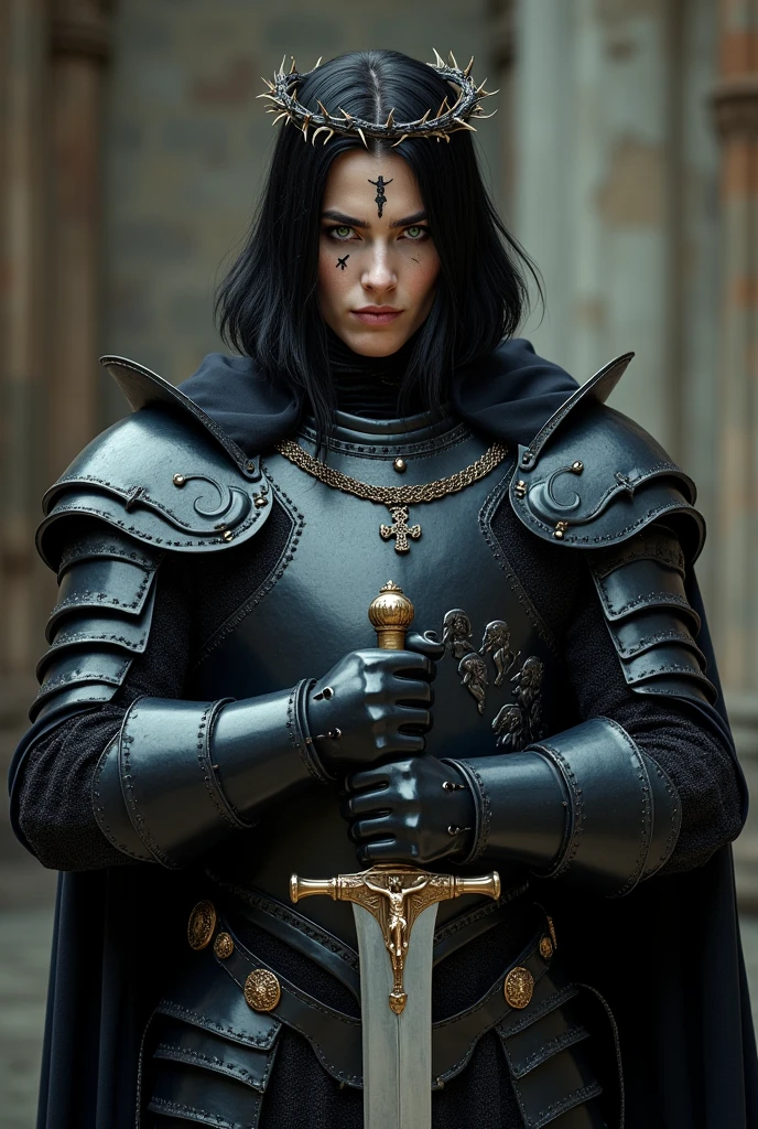He wears black medieval knight armor with the emblem of the "black inquisition", wears a silver necklace with a blessed silver crucifix ,Medium straight black hair with a crown of black and gold thorns, Sharp and deep green eyes without feelings, stomach 1.90 high, porcelain white skin, curvy and voluptuous but athletic body, He is strong and his muscles are marked as well as his hard abdomen., has scars on his body, He has a long medieval double-edged sword made of silver and with religious symbols as a design, She has black eyeliner and black shadows, He carries on his side a black bible with fire spells, rays and saints, and prayers and prayers