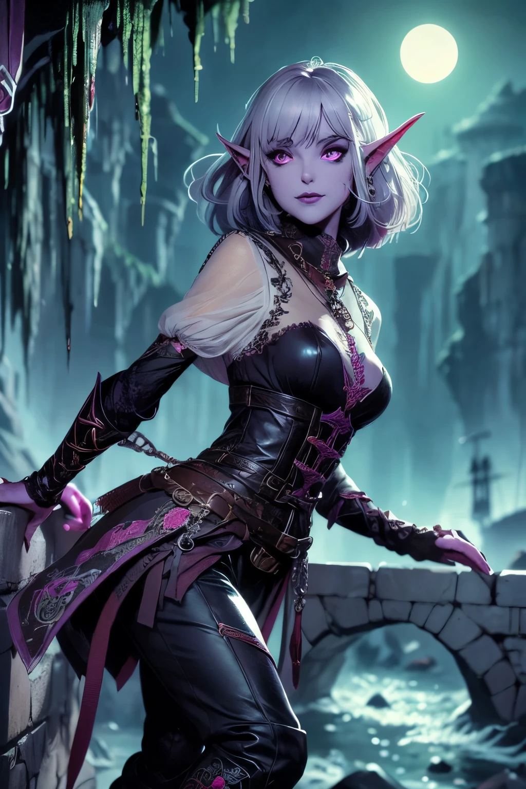 (Ultra-detailed face, looking away, Fantasy Illustration with Gothic, Ukiyo-e, Comic Art, Rich colors), 
BREAK 
(Medieval Norse world, storms, thunderstorms, thick fog, rough seas, sheer cliffs, port towns, dragon legends, dragon zombies, dragon skeletons, dracolich), 
BREAK 
(DarkElves: A middle-aged dark elf woman with silver color hair, blunt bangs, bob cut and dark purple color skin, lavender color eyes), 
BREAK 
(Dark elf female dragon hunter wears a beaded amulet woven into her hair, a ruffled blouse with pink ornaments, an embroidered red vest, leather trousers and knee-high brown boots.), 
BREAK 
(A female dark elf dragon hunter jumps and climbs the stone wall of a harbor breakwater in a daring pose, drenched in the rain, a huge black-boned dragon zombie with a black-purple aura, lit by lightning in the storm-torn sea. parabolic effect)