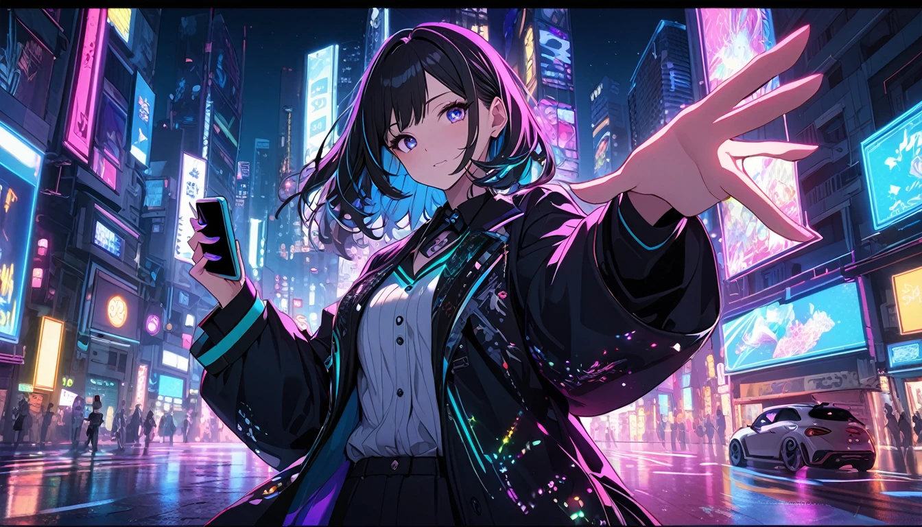 **240. One person。The Urban Magician。Neon-lit cityscape at night。Medium shot or close up。  
masterpiece, best quality, ultra detailed (Detailed fingers), (Emotional), (Breathtakingly beautiful),  
(main part: 1.2 Whole body。), (Anime Style), (Very detailed), (modern magic),  
(超High resolution, High resolution), (8k), (High resolution: 1.2), (Complex and beautiful: 1.2)**
- background: Colorful neon lights flashing in the city at night、Car driving between buildings。
- magician: Girl in a stylish suit、Create magic from your smartphone。
-pose: Hold up your smartphone in one hand、The moment the spell is cast。
-expression: Cool and confident look、A fusion of modern technology and magic。
- Effects: The light emitted from the smartphone、Magical effects that brighten up the cityscape。
-color: Neon in a variety of colors、The contrast between the city night view and magical lights。
