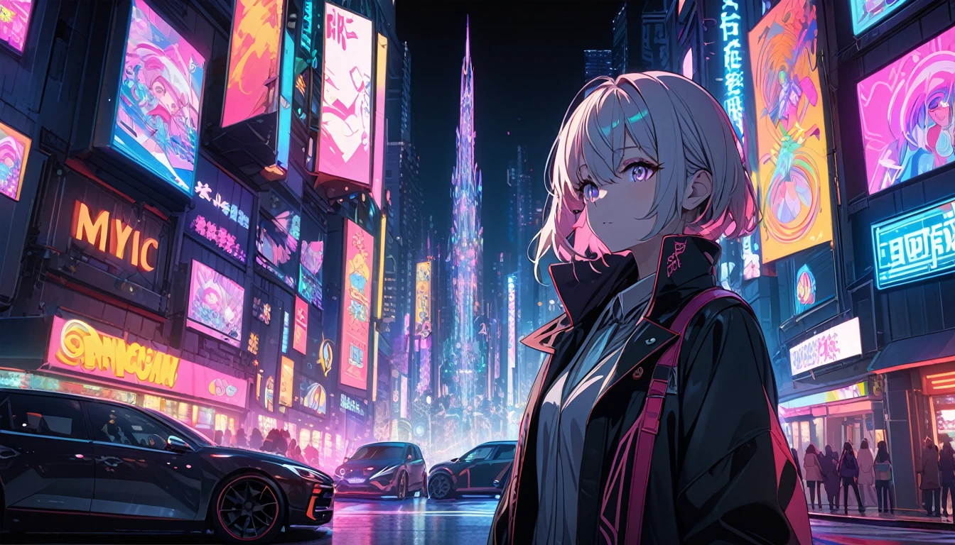 **240. One person。The Urban Magician。Neon-lit cityscape at night。Medium shot or close up。
masterpiece, best quality, ultra detailed (Detailed fingers), (Emotional), (Breathtakingly beautiful),
(main part: 1.2 Whole body。), (Anime Style), (Very detailed), (modern magic),
(超High resolution, High resolution), (8k), (High resolution: 1.2), (Complex and beautiful: 1.2)**
- background: Colorful neon lights flashing in the city at night、Car driving between buildings。
- magician: Girl in a stylish suit、Create magic from your smartphone。
-pose: Hold up your smartphone in one hand、The moment the spell is cast。
-expression: Cool and confident look、A fusion of modern technology and magic。
- Effects: The light emitted from the smartphone、Magical effects that brighten up the cityscape。
-color: Neon in a variety of colors、The contrast between the city night view and magical lights。