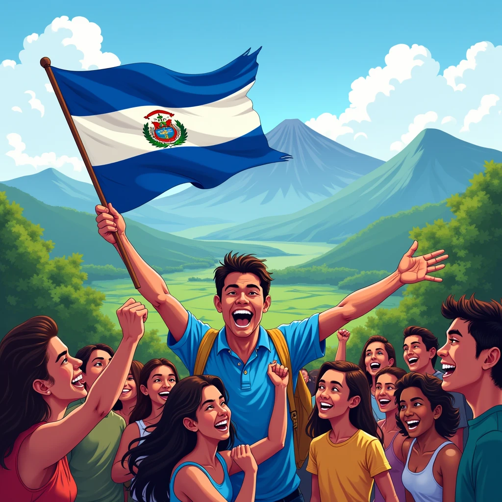 CREATE AN ILLUSTRATION WITH HAPPY PEOPLE, ONE OF THEM CARRIES A BLUE AND WHITE FLAG WHICH IS THE FLAG OF THE COUNTRY EL SALVADOR, AND IN THE BACKGROUND HE PLACES FOREST VALLEYS WITH VOLCANOES