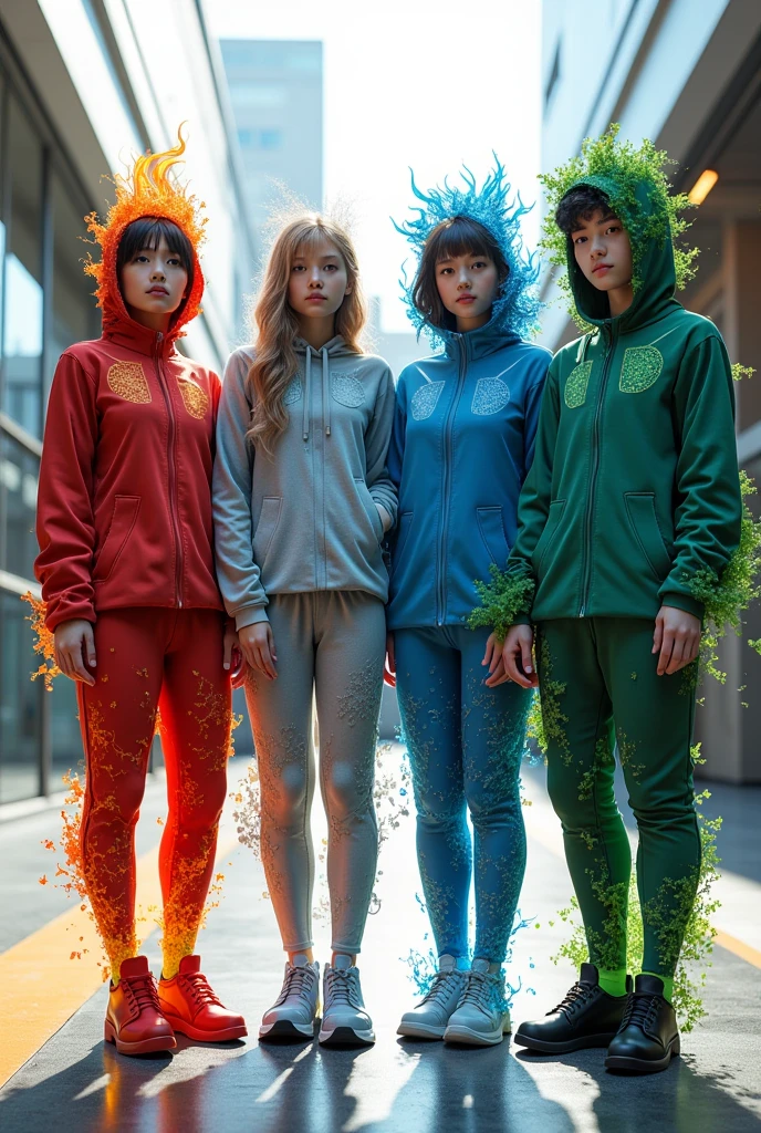 a red fire style school shirt, another blue water one, a grey air one and another green sports earth one
