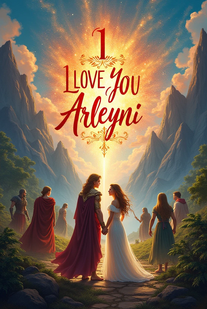 Create an image that says I love you arleyni, with all the heroes