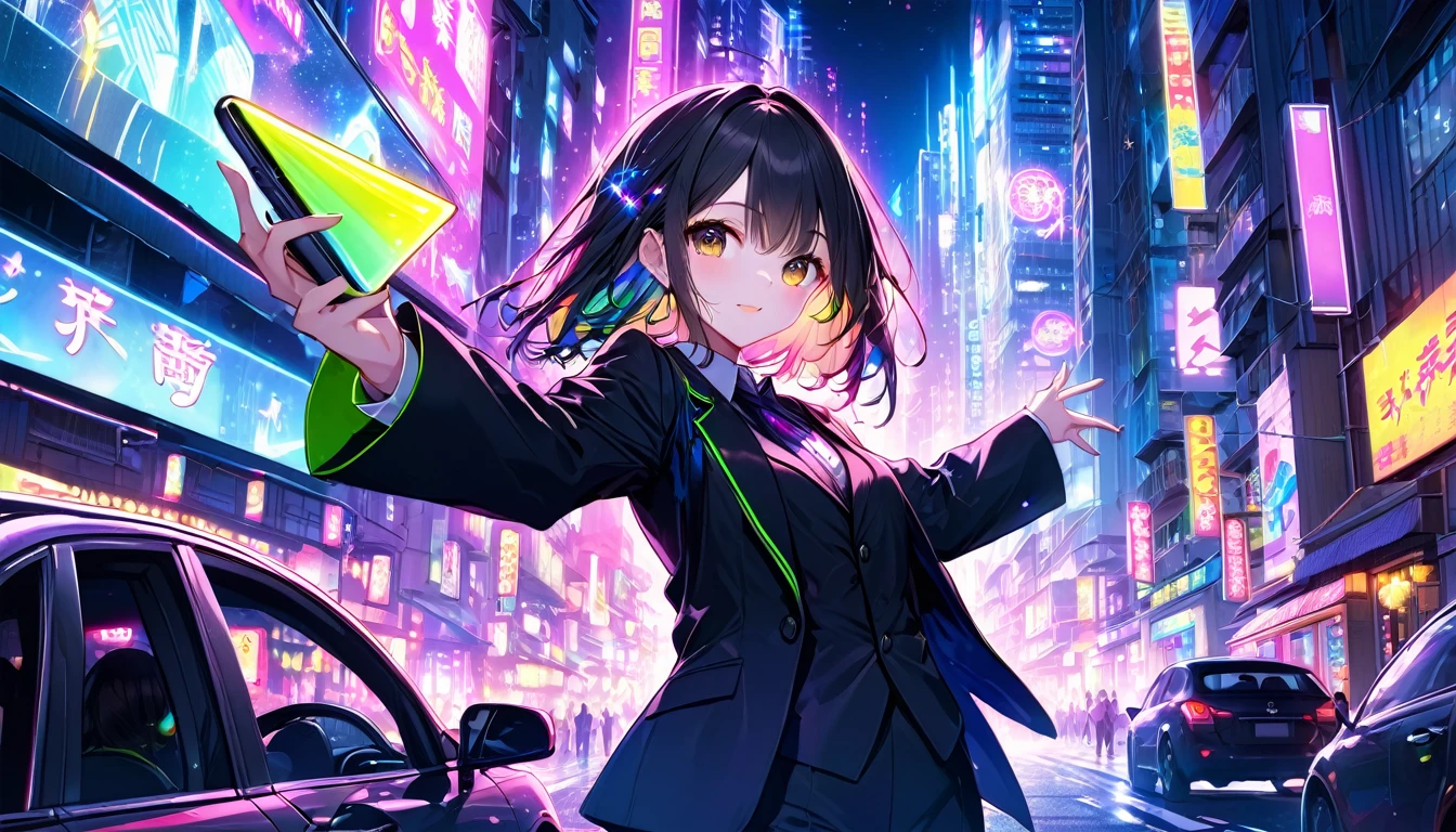 **240. One person。The Urban Magician。Neon-lit cityscape at night。Medium shot or close up。
masterpiece, best quality, ultra detailed (Detailed fingers), (Emotional), (Breathtakingly beautiful),
(main part: 1.2 Whole body。), (Anime Style), (Very detailed), (modern magic),
(超High resolution, High resolution), (8k), (High resolution: 1.2), (Complex and beautiful: 1.2)**
- background: Colorful neon lights flashing in the city at night、Car driving between buildings。
- magician: Girl in a stylish suit、Create magic from your smartphone。
-pose: Hold up your smartphone in one hand、The moment the spell is cast。
-expression: Cool and confident look、A fusion of modern technology and magic。
- Effects: The light emitted from the smartphone、Magical effects that brighten up the cityscape。
-color: Neon in a variety of colors、The contrast between the city night view and magical lights。