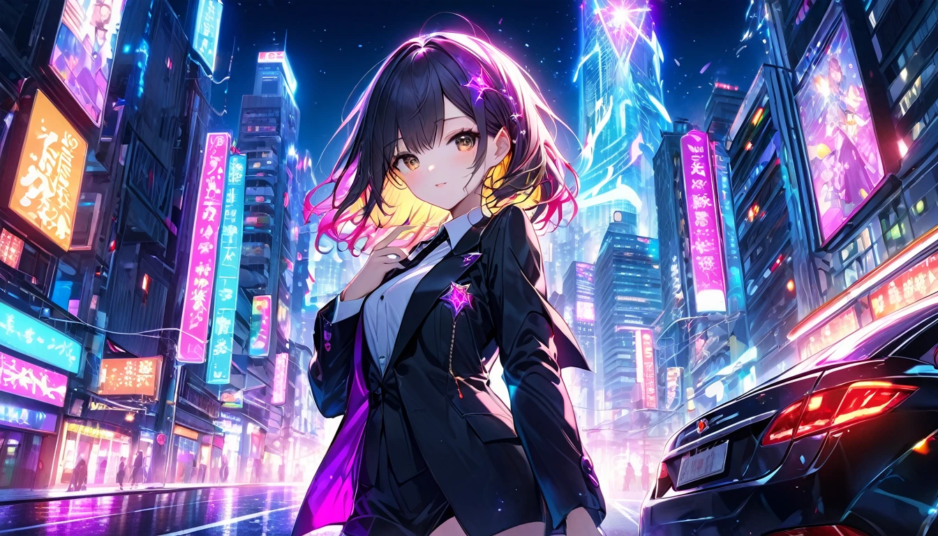 **240. One person。The Urban Magician。Neon-lit cityscape at night。Medium shot or close up。  
masterpiece, best quality, ultra detailed (Detailed fingers), (Emotional), (Breathtakingly beautiful),  
(main part: 1.2 Whole body。), (Anime Style), (Very detailed), (modern magic),  
(超High resolution, High resolution), (8k), (High resolution: 1.2), (Complex and beautiful: 1.2)**
- background: Colorful neon lights flashing in the city at night、Car driving between buildings。
- magician: Girl in a stylish suit、Create magic from your smartphone。
-pose: Hold up your smartphone in one hand、The moment the spell is cast。
-expression: Cool and confident look、A fusion of modern technology and magic。
- Effects: The light emitted from the smartphone、Magical effects that brighten up the cityscape。
-color: Neon in a variety of colors、The contrast between the city night view and magical lights。

