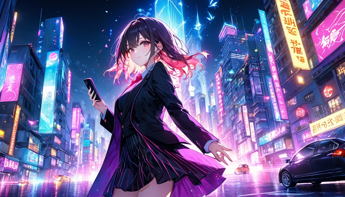 **240. One person。The Urban Magician。Neon-lit cityscape at night。Medium shot or close up。  
masterpiece, best quality, ultra detailed (Detailed fingers), (Emotional), (Breathtakingly beautiful),  
(main part: 1.2 Whole body。), (Anime Style), (Very detailed), (modern magic),  
(超High resolution, High resolution), (8k), (High resolution: 1.2), (Complex and beautiful: 1.2)**
- background: Colorful neon lights flashing in the city at night、Car driving between buildings。
- magician: Girl in a stylish suit、Create magic from your smartphone。
-pose: Hold up your smartphone in one hand、The moment the spell is cast。
-expression: Cool and confident look、A fusion of modern technology and magic。
- Effects: The light emitted from the smartphone、Magical effects that brighten up the cityscape。
-color: Neon in a variety of colors、The contrast between the city night view and magical lights。
