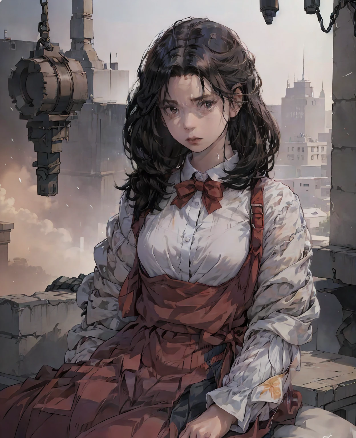 Arti future anime. Birds eye view, dirty woman sitting on chair in dilapidated house, wet messy hair over eyes, detailed bodycon shirt and pleated skirt. vixip, close-up landscape, hurt. Hand drawing, cinematic lighting, highly detailed. White, brown, red. Perfect composition, masterpiece, best quality, 4k, sharp focus. perfect anatomy.