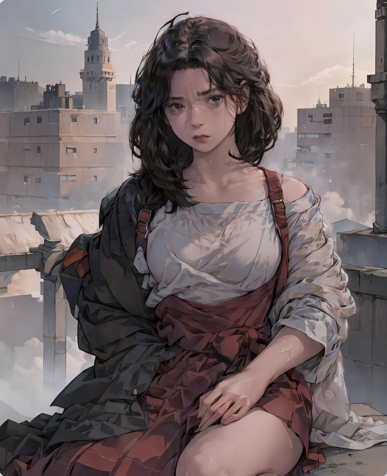 Arti future anime. Birds eye view, dirty woman sitting on chair in dilapidated house, wet messy hair over eyes, detailed bodycon shirt and pleated skirt. vixip, close-up landscape, hurt. Hand drawing, cinematic lighting, highly detailed. White, brown, red. Perfect composition, masterpiece, best quality, 4k, sharp focus. perfect anatomy.