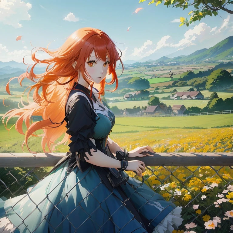anime girl with long red hair standing in front of fence, anime style 4 k, rin, anime countryside landscape, beautiful anime, cushart krenz key art feminine, 4k anime wallpaper, hd anime wallaper, anime art wallpaper 8 k, anime art wallpaper 4k, anime art wallpaper 4 k, anime wallpaper 4 k, cute anime waifu in a nice dress