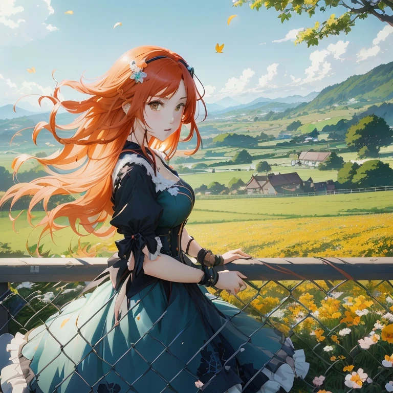 anime girl with long red hair standing in front of fence, anime style 4 k, rin, anime countryside landscape, beautiful anime, cushart krenz key art feminine, 4k anime wallpaper, hd anime wallaper, anime art wallpaper 8 k, anime art wallpaper 4k, anime art wallpaper 4 k, anime wallpaper 4 k, cute anime waifu in a nice dress