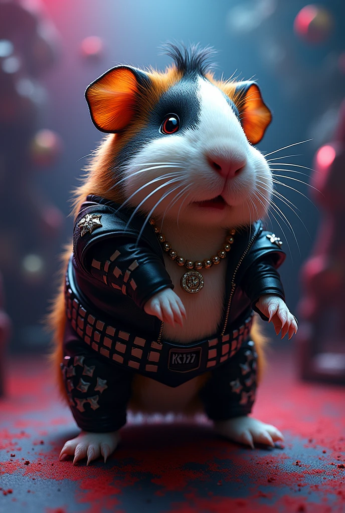 Generate me a guinea pig animal painted as a member of the Kiss band