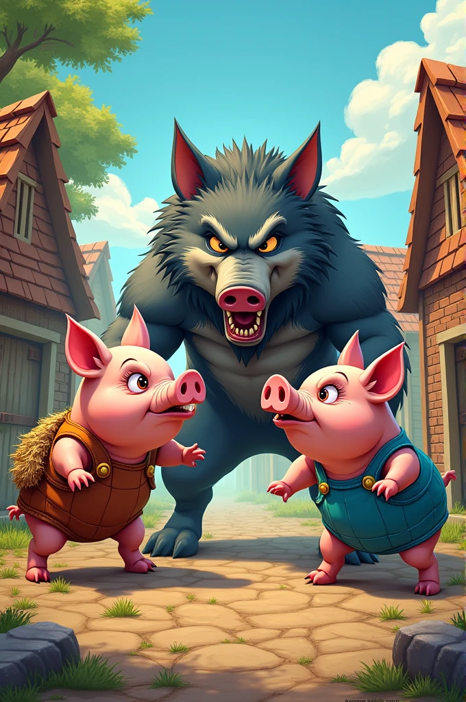 Make a comic book cover with 4 characters, including the 3 little pigs and a wolf