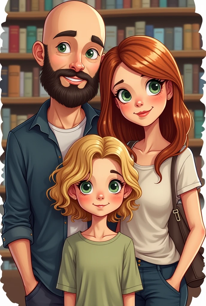a family father: white male, 39 years old, Cao Cao, calvo, black beard, greeneyes
mãe: uma mulher white de 38, greeneyes com o cabelo castanho-acobreado, straight and without bangs parted in the middle daughter: an 18-year-old girl, white, greeneyes, curly blonde shoulder length hair illustration style, sticker, bookstore background
