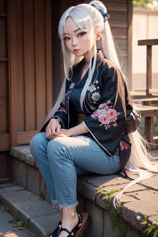 Asian girl with long white hair and blue eyes, wearing a pair of jeans, a black top and a jacket with embroidery similar to a kimono, wearing geta clogs in 4k
