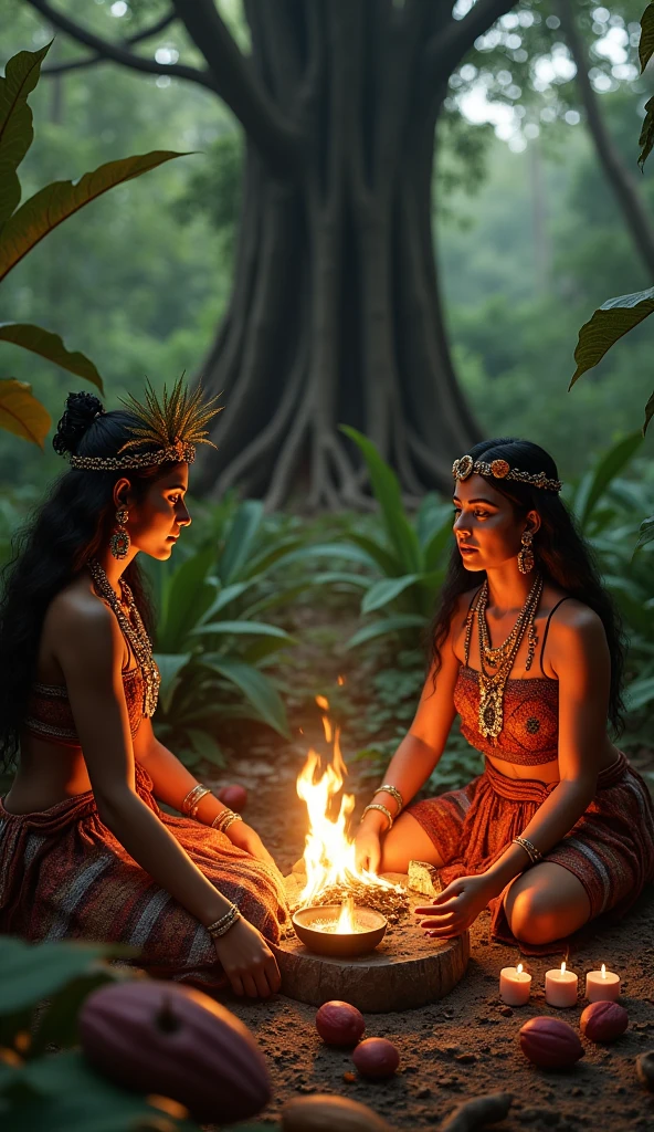 two female healers of the Mayan and Aztec peoples in a forest around a campfire performing a cacao ritual, in the background a cocoa tree and the cocoa fruit on the ground, convey depth