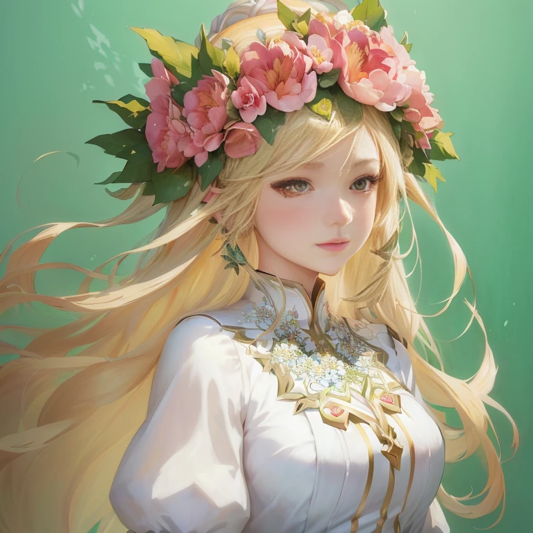 anime girl with flower crown on head and long blonde hair, cushart krenz key art feminine, beautiful maiden, elf girl wearing an flower suit, anime goddess, render of april, blonde - haired princess, flower queen, blonde anime girl with long hair, goddess of summer, official art, flower goddess, beautiful anime portrait, portrait of lolita