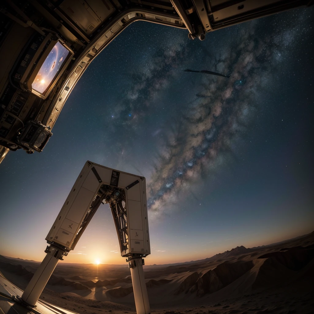 Based on images obtained by the NASA space agency, sunset seen by a human robot on venus and with image with escape plan applying pi calculation, milky way perspective