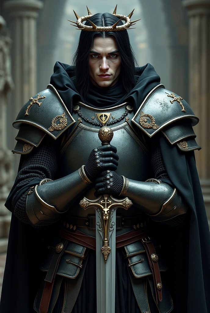 He wears black medieval knight armor with the emblem of the "black inquisition", wears a silver necklace with a blessed silver crucifix ,Medium straight black hair with a crown of black and gold thorns, Sharp and deep green eyes without feelings, stomach 1.90 high, porcelain white skin, curvy and voluptuous but athletic body, He is strong and his muscles are marked as well as his hard abdomen., has scars on his body, He has a long medieval double-edged sword made of silver and with religious symbols as a design, She has black eyeliner and black shadows, He carries on his side a black bible with fire spells, rays and saints, and prayers and prayers