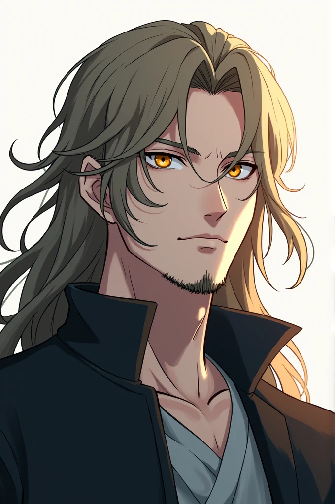 create a 30 year old man, long hair, small beard, white skin, yellow eyes, serious facial expression. Anime style