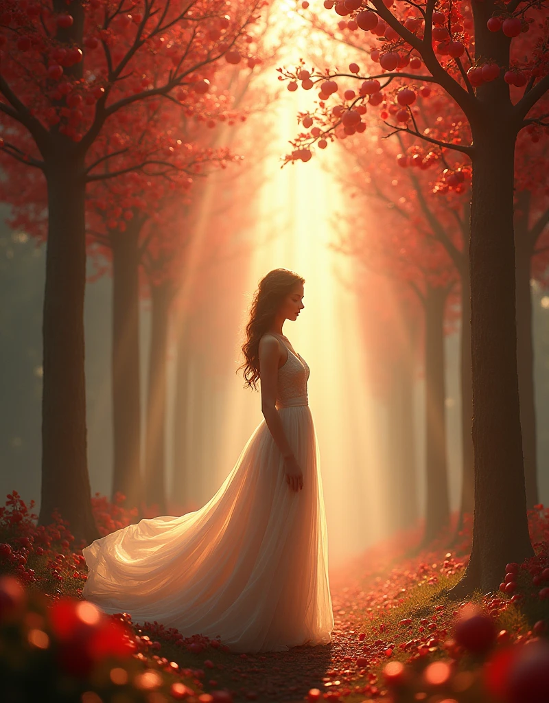 4k ultrarealistic, high detail photo of a woman, in a mysterious heavenly enviroment with red apple trees, god rays, 5GPstyle