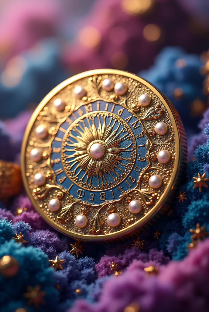A coin that does not exist and is as colorful as possible and that has pearls and contains in it (Value,country inventing, Bank)