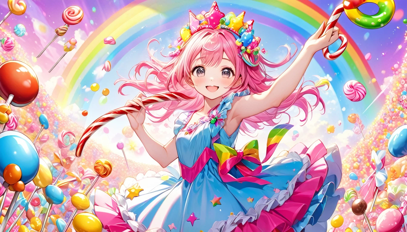 **241. One person。Princess of the Candy Kingdom。A land of colorful and sweet treats。Cowboy shot or close-up。
masterpiece, best quality, ultra detailed (Detailed fingers), (Emotional), (Breathtakingly beautiful),
(main part: 1.2 Whole body。), (Anime Style), (Very detailed), (Candy Power),
(超High resolution, High resolution), (8k), (High resolution: 1.2), (Complex and beautiful: 1.2)**
- background: A land of giant candies and chocolates、Colorful background。
- Princess: A girl in a colorful candy dress、Wear a candy crown。
-pose: Brandishing a candy cane、The moment when the sweet magic happens。
-expression: A happy and kind smile、A sweet world-like expression。
- Effects: Candy shot from the wand、Rainbow light effect in the air。
-color: pink、blue、Yellow candy color、A contrast that symbolizes fun and sweetness。