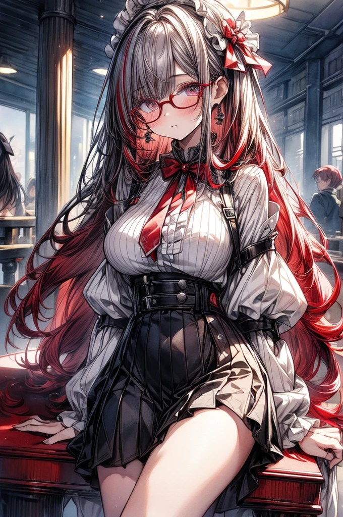((Sketch)), ((Watercolor)),((best quality)) ((best quality)), ((masterpiece)), (detailed), HD, Highly Detailed, 4k image, anime style, beautiful young age girl, tanned white skin, long waist length hair(white-red hair), soft facial features, heterochromatic eyes(left eye: silver)(right eye: red), white Frilly long sleeved blouse, pleated A-line skirt, cherry red plump lips, large E-cup breasts, short height(150cm). wide hips and large round ass, silver round-frame glasses, leaning on an elaborate dining table, facing the camera