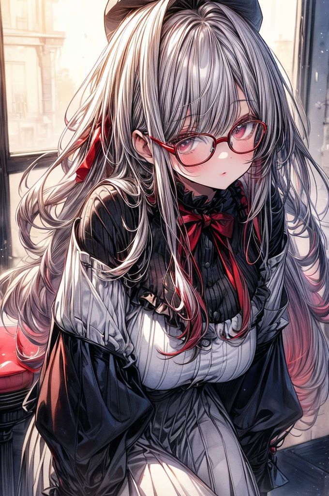 ((Sketch)), ((Watercolor)),((best quality)) ((best quality)), ((masterpiece)), (detailed), HD, Highly Detailed, 4k image, anime style, beautiful young teenage girl, tanned white skin, long waist length hair(white-red hair), soft facial features, heterochromatic eyes(left eye: silver)(right eye: red), white Frilly long sleeved blouse, pleated A-line skirt, cherry red plump lips, large E-cup breasts, short height(150cm). wide hips and large round ass, silver round-frame glasses, leaning on an elaborate dining table, facing the camera