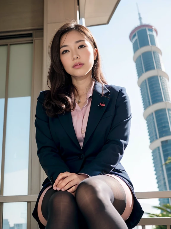 masterpiece, Bokeh, (Beautiful Face), (Detailed face), (Perfect hands), (Japanese Idols:1.6), (business suit:1.3), (Ultra-realistic pantyhose:1.3), (Sit at the top of the tower:1.3),( Balcony of a high-rise apartment building:1.3), (Blushed:1.3), Working boots, (From below:1.8), Beautiful mature woman、

